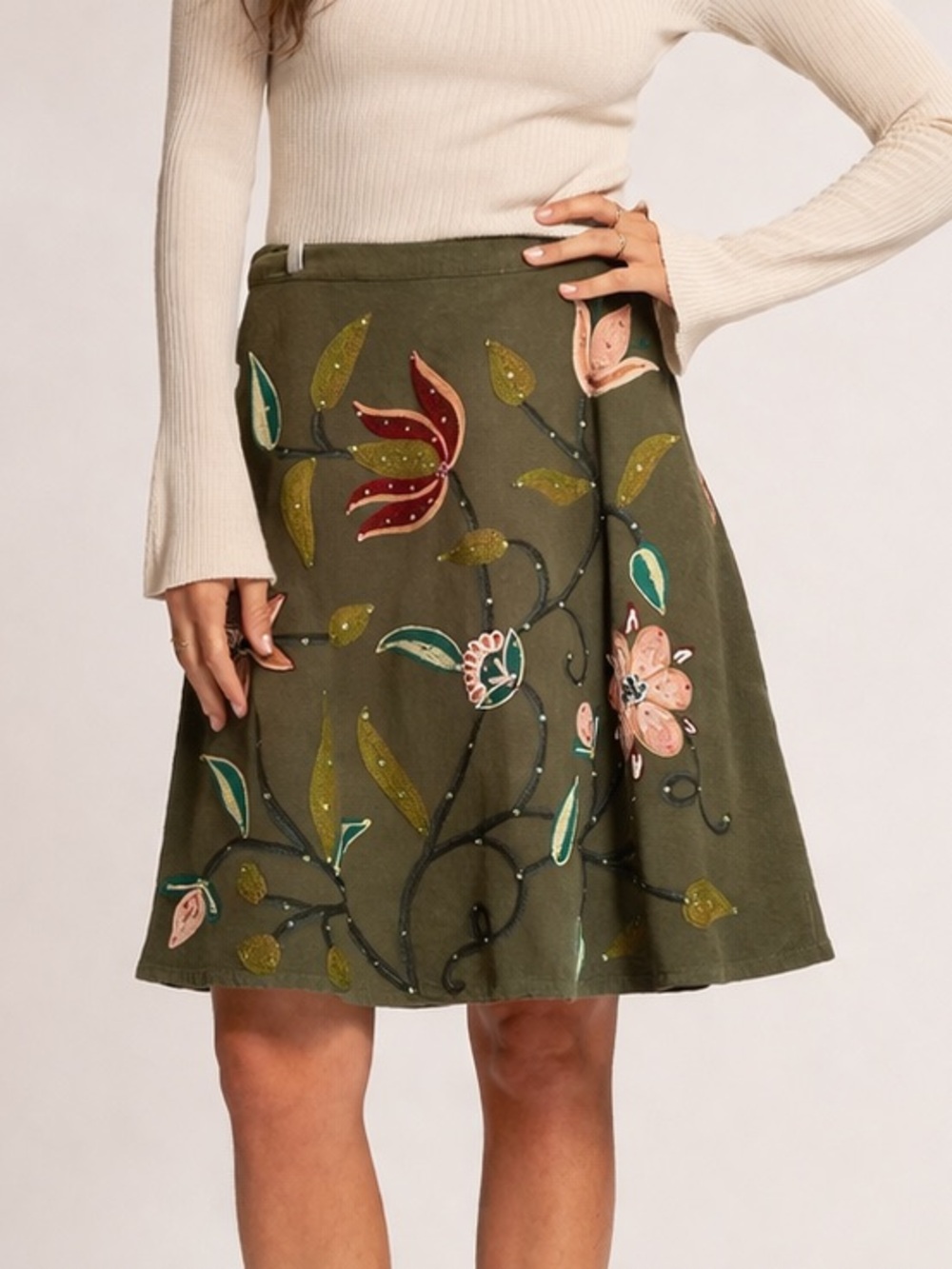 Anthropologie Pura Vida Embroidered Floral Skirt Size 12 Boho Cotton Green